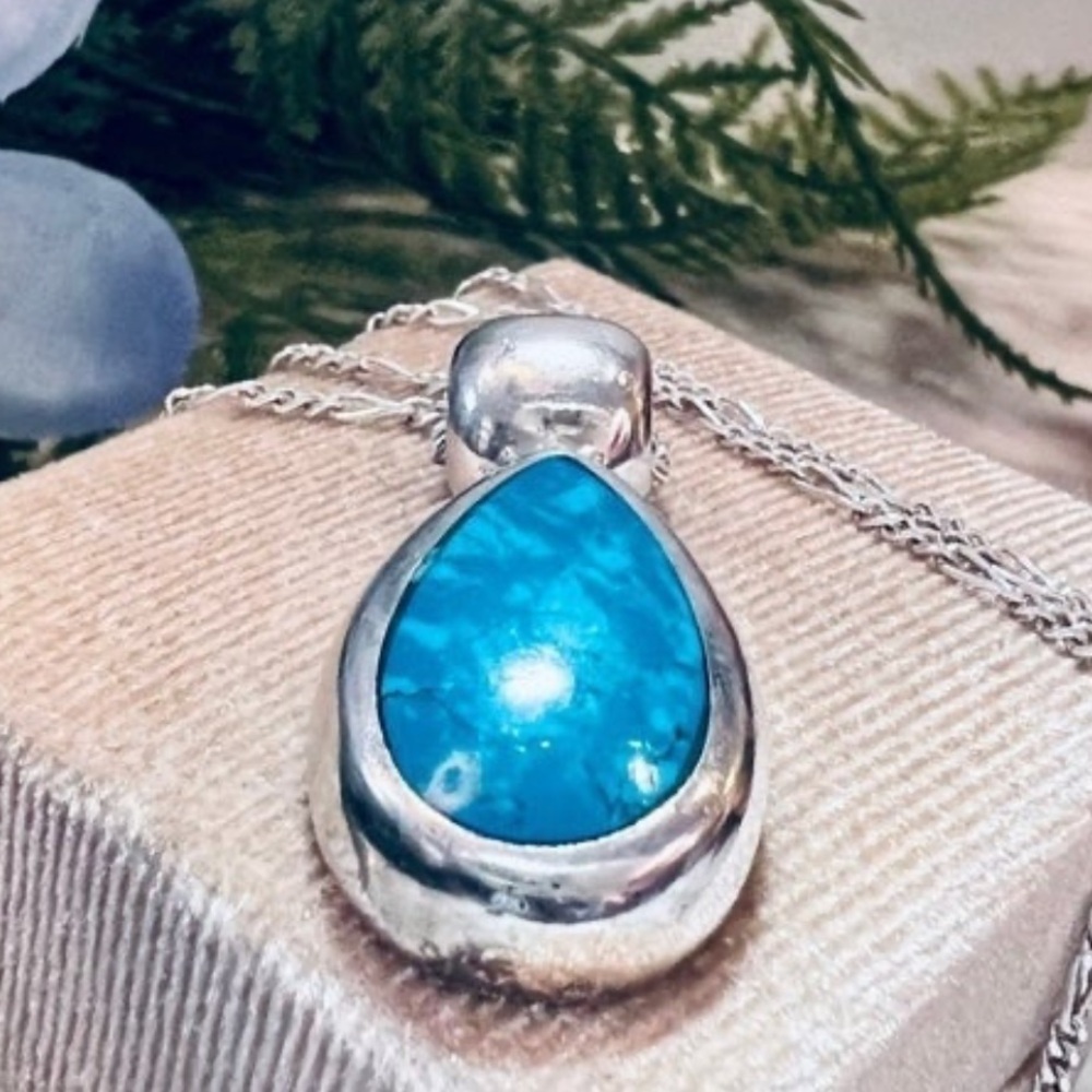 Vintage Handmade Turquoise Pendant Solid Heavy 925 Sterling Silver Mexico .925 - Picture 2 of 15